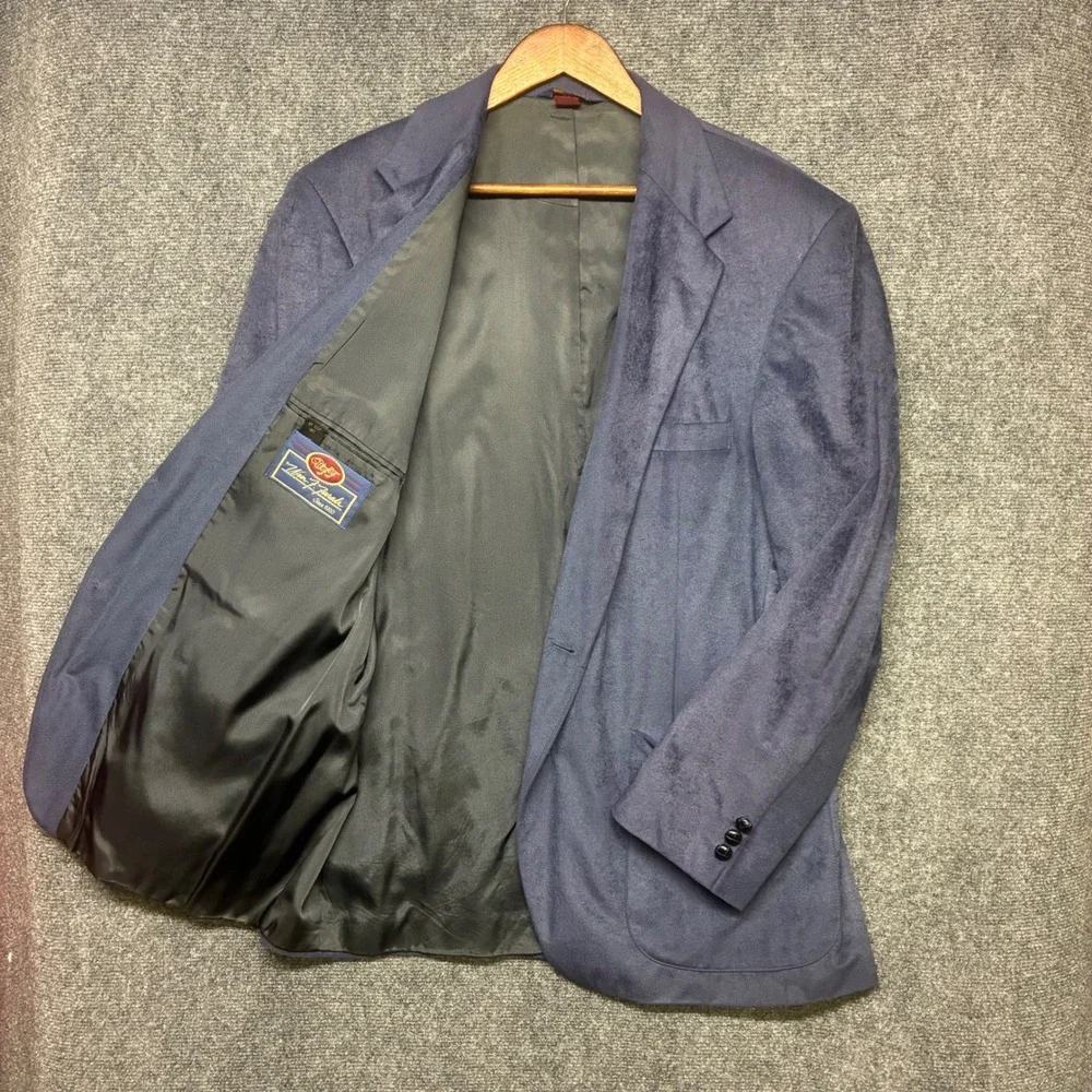 Vintage Wm. F. Farah Blazer Sport Coat Mens 46R Blue Faux Suede Retro 70s